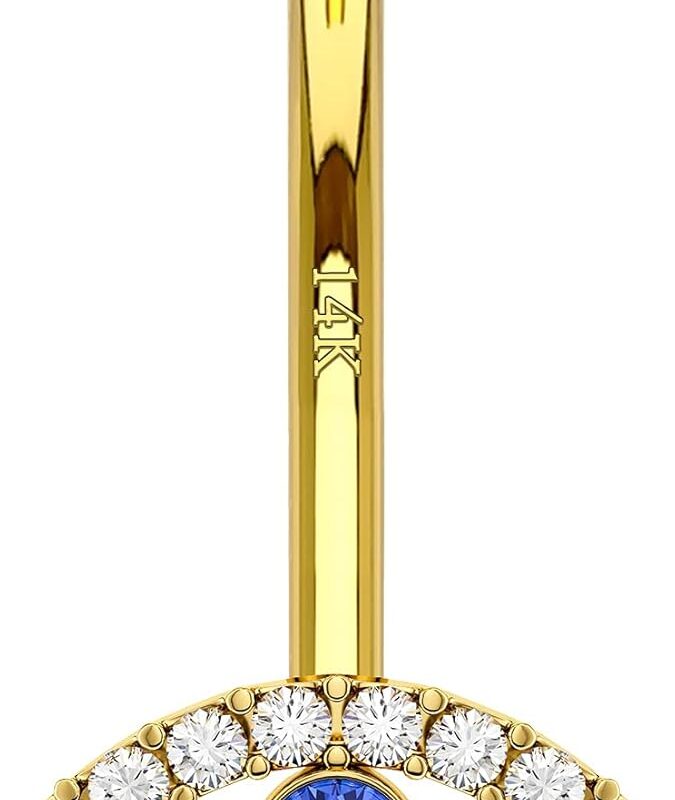 COCHARM 14K Solid Gold Belly Button Ring, 14G Yellow Gold Navel Piercing Jewelry with Evil Eye Design, 10mm, Hypoallergenic