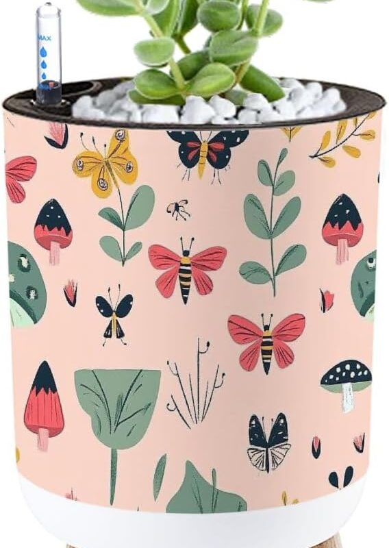 Planter with Stand Seamless pattern summer mushrooms plants cartoon style goblincore 8.6" Self Watering Plant Pot with Legs Water Level Indicator & Water Inlet Lazy Flower Pot Indoor Modern Decor