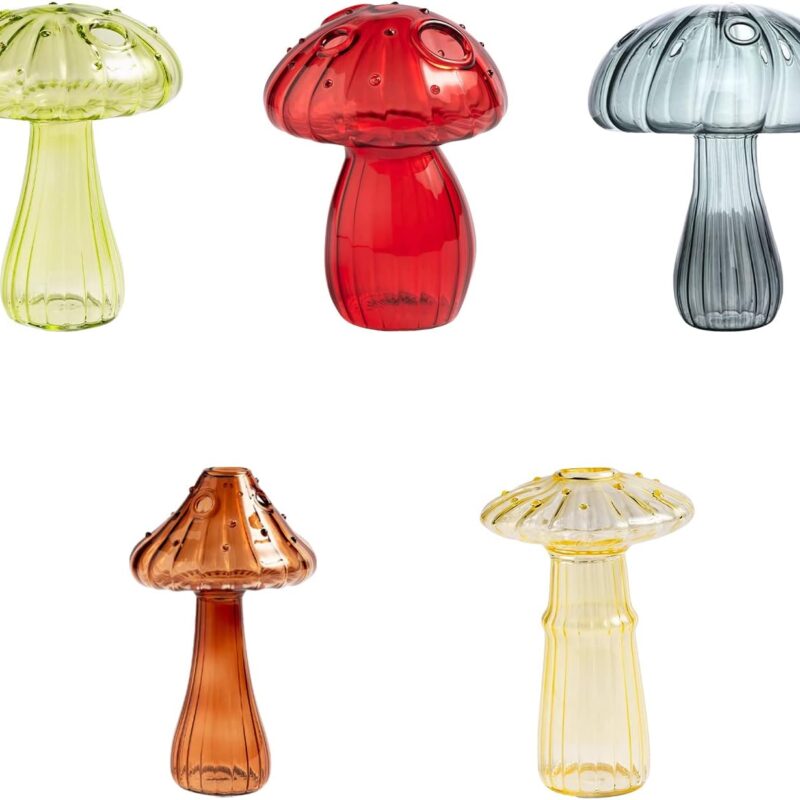 IUIBMI Mushroom Vase Set of 5, Colorful Mushroom Glass Bud Vases, Small Vases for Flowers, Glass Plant Pot Flower Arrangement Container Mushroom Hydroponic Planter for Centerpieces Home Decor