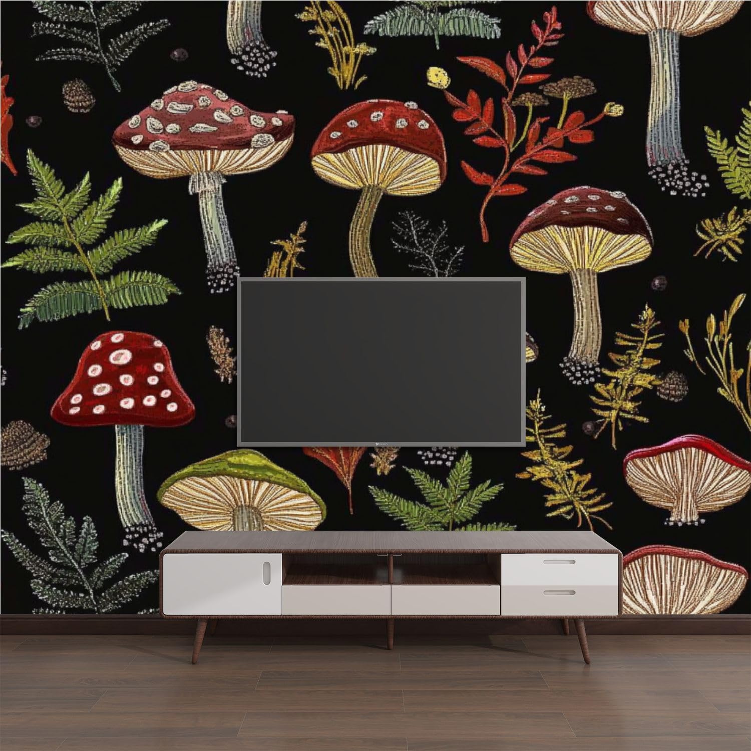 71Na01Ie1L._AC_SL1500_.jpg Wallpaper Murals 3D Embroidery Mushrooms Seamless Pattern Dark Autumn Forest Gothic Tale Peel and Stick Removable Self-Adhesive PVC Wall Stickers for Living Room Boys Girls Bedroom 144"x100" - Image 7