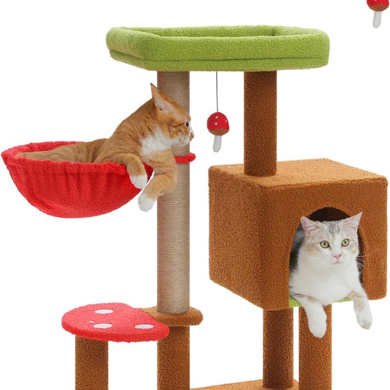 Mushroom Cat Tree with Sisal Scratching Posts, 35.4" Cute Cat Tower Cat Condo w/Large Green Top Perch, Soft Red Hammock, and Mushroom Dangling Ball, for Small-Medium Cats, Brown