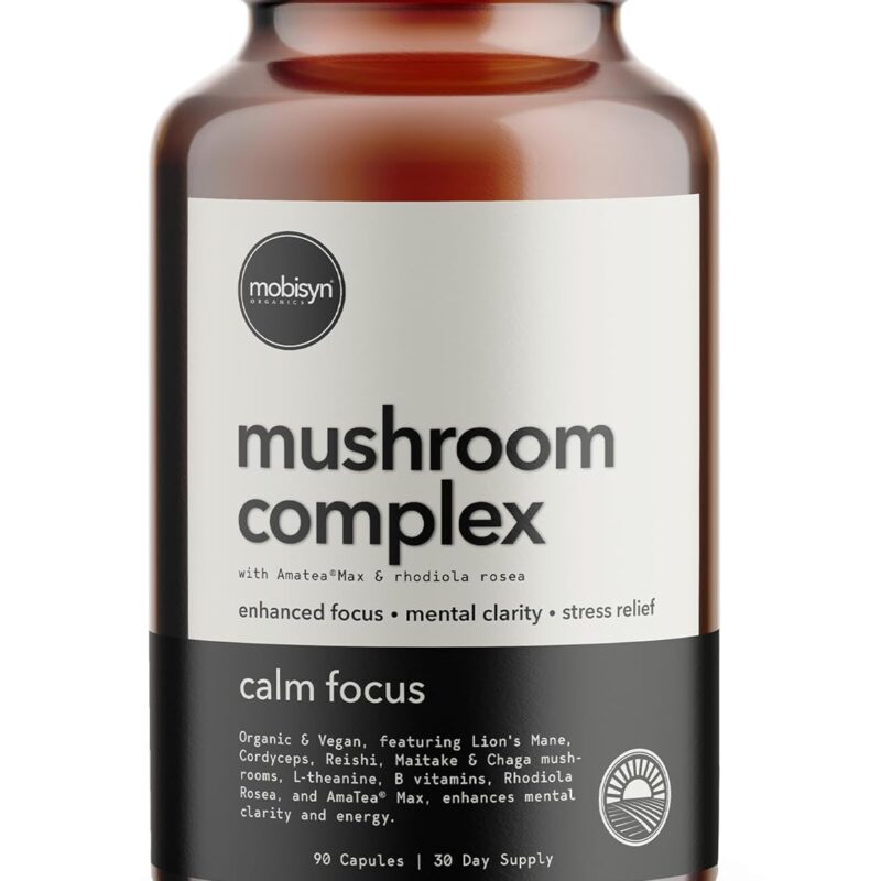 Organic Mushroom Supplement with Cognitive Nootropic Mushroom Blend - Lion’s Mane, Cordyceps, Reishi, Chaga, Maitake + Amatea Max, Rhodiolife Rhodiola Rosea, L-Theanine + B-Vitamins, 30-Day Supply