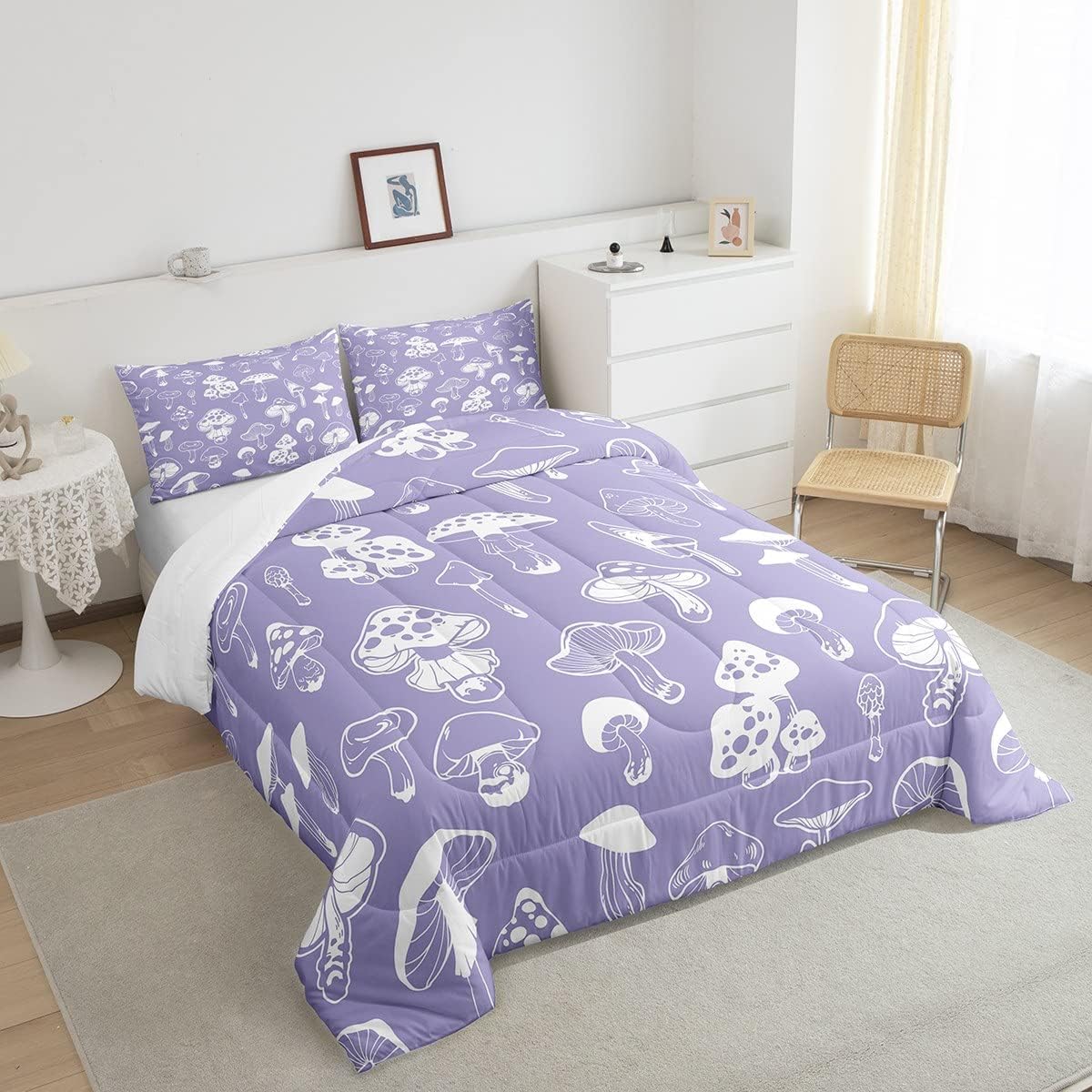 710-AfBgCSL._AC_SL1200_.jpg Mushroom Comforter Set Full Size,Purple and White Bedding Set for Girls Women Adult Bedroom Decoration,Kids Cute Cartoon Plants Bed Duvet Insert,Purple Mushroom Comforter with 2 Pillowcase - Image 2