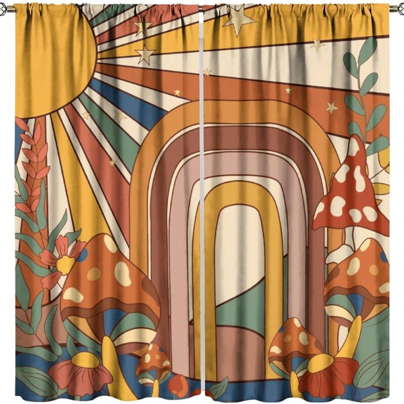 Boho Groovy Curtains, Vintage Hippie Colorful 60s 70s Abstract Geometric Mushroom Flower Rainbow Sunshine Star Window Treatments, Blackout Rod Pocket Drapes For Living Room Bedroom Bathroom 72x63in