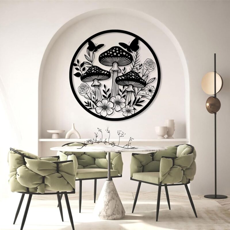 LARNT Mushrooms Metal Wall Art, Mushroom Metal Wall Decor, Toadstool Boho Wall Hanging, Mushroom Sign, Boho Wall Decor, Plant Wall Art, Metal Garden Decor (Black, 24"x24"|60x60cm)