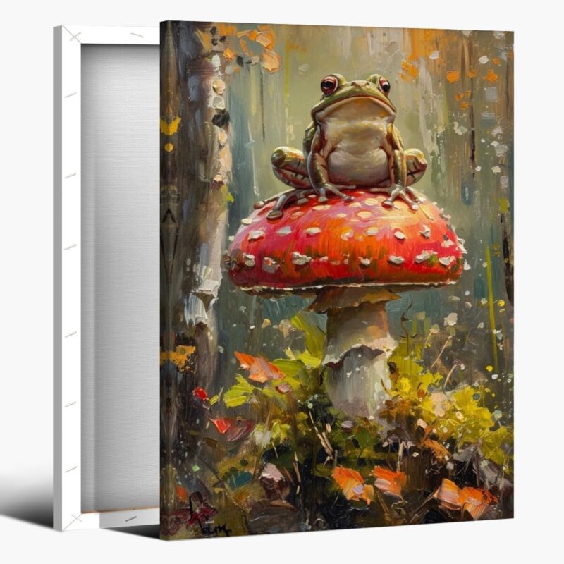 Funny Frog wall Art Decor cute frog on mushroom Poster Print Woodland cottagecore Decor whimsical animal Artwork Aesthetic Decor living bedroom room wall decor Framed20x30inch