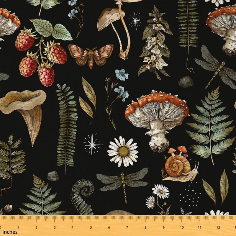 Mushroom Fabric by The Yard Natural Plant Wild Moth Snail Leaves Decor Fabric for Sewing Supplies Vintage Rustic Jungle Style Fabric for Outdoor&Indoor DIY Upholstery Projects 10 Yards,360" L x 59" W
