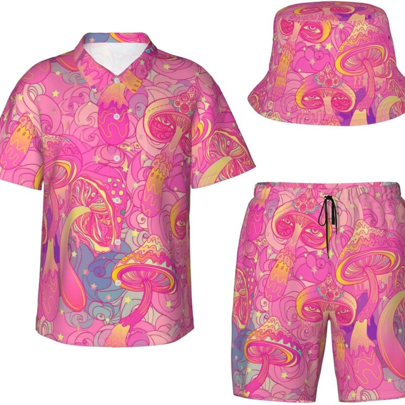 Mens 3 Piece Tracksuit Magic Mushrooms Hawaiian Shirt Shorts Button Down Shirt and Shorts Sets with Bucket Hats