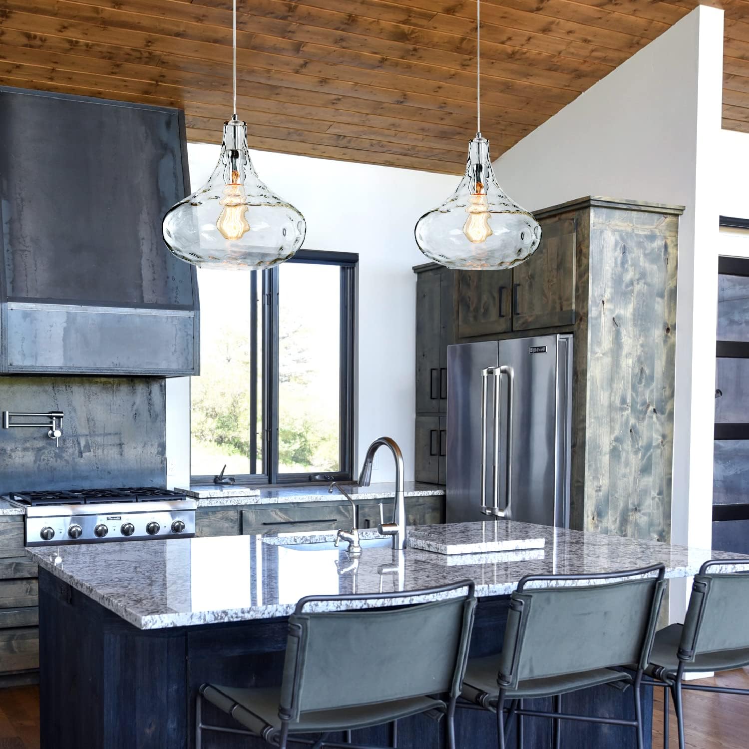 712Ej44G5-L._AC_SL1500_.jpg Vintage Farmhouse Glass Pendant Light - Handblown Clear Hammered Glass Shade - Adjustable Cord Ceiling Fixture for Kitchen Island, Hallway, and Kitchen Sink - 11 Inch Chrome - Image 5