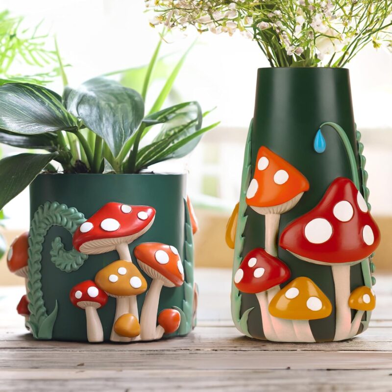 GUGUGO Colorful Mushrooms Planters Cute Rainbow Planter Bundle with Mushroom Vase