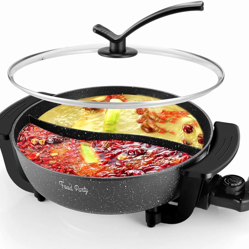 Electric Hot Pot with Divider Hotpot Pot Electric Cooker Shabu Shabu Pot 110V Non-Stick 6L BPA FREE Fondue Chinese Hot Pot
