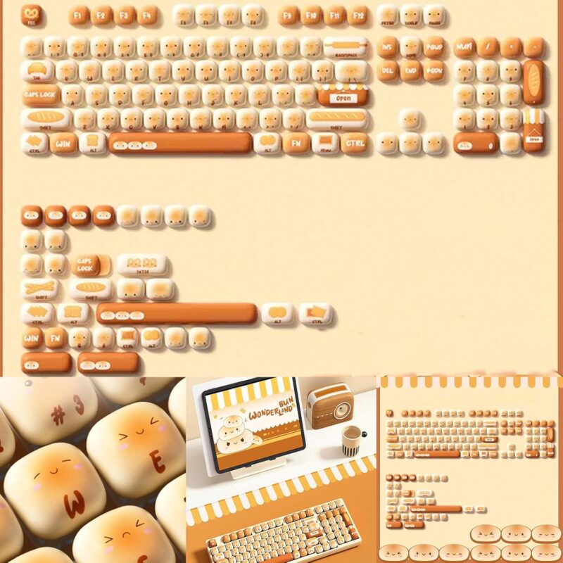 Bread Keyboard, Bread Keycaps, Wonderbun Toasted Bread DIY Keycaps, 138 Keys Yellow Round Keycaps Set, Cute Keycaps, Round Keycaps, Mushroom Keyboard Keycaps Cute (Bread)