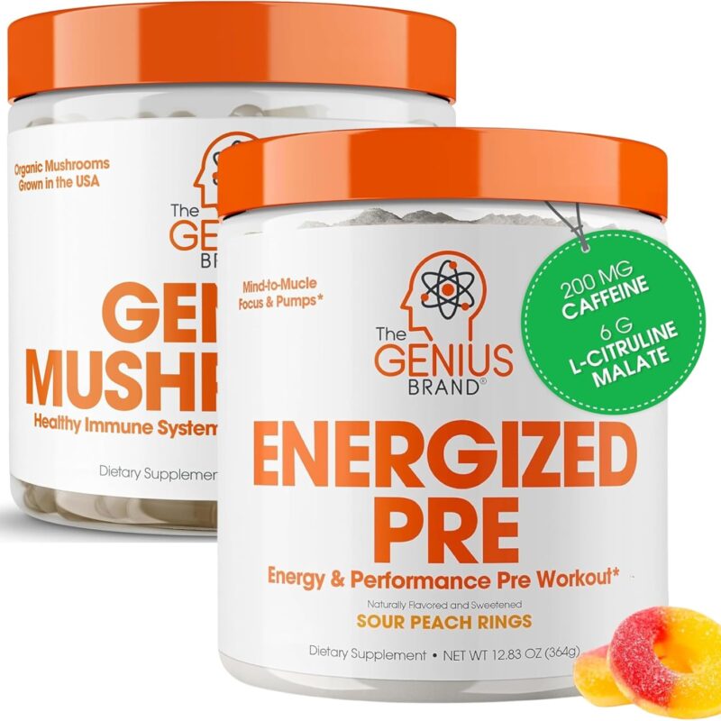Genius Energized Pre Workout & Mushroom Supplement Bundle – Powerful Ingredients for Daily Wellness, Energy, and Workout Support