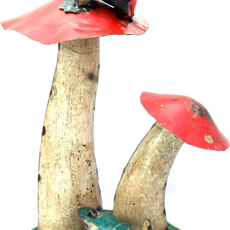 DeKulture Recycled Iron Mushroom with Frog - Unique Eco-Friendly Garden Statue (12x12x15 Inches)