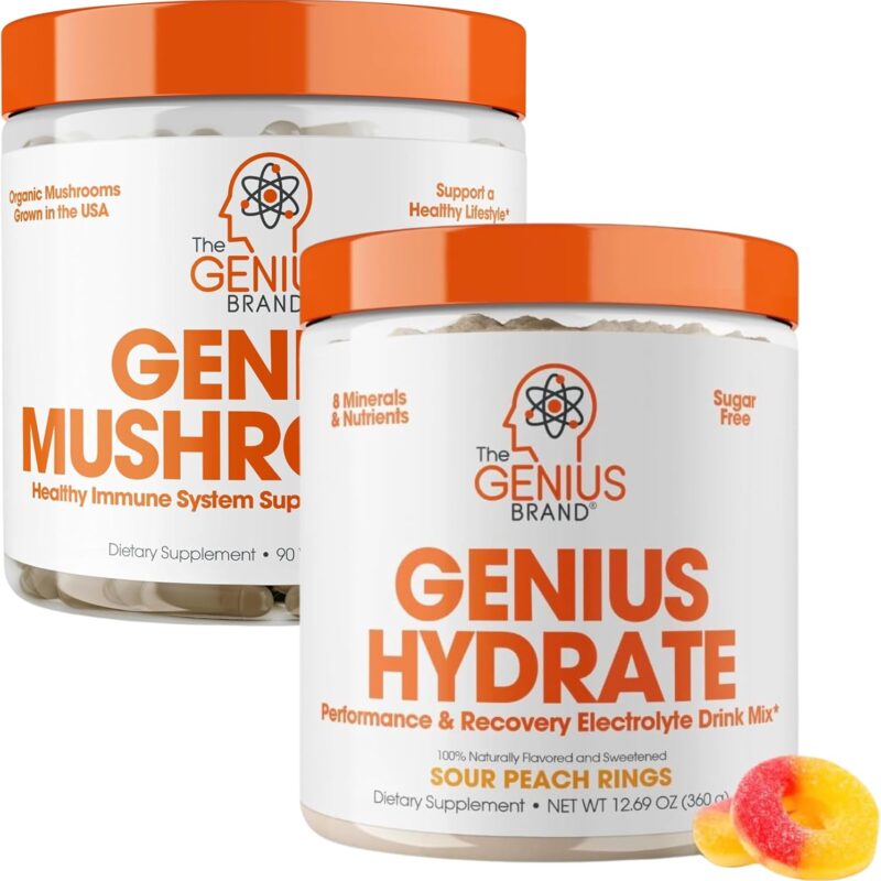 The Genius Brand Hydration & Brain Boost Bundle : Sour Peach Rings Electrolyte Powder & Mushroom Nootropic Supplement