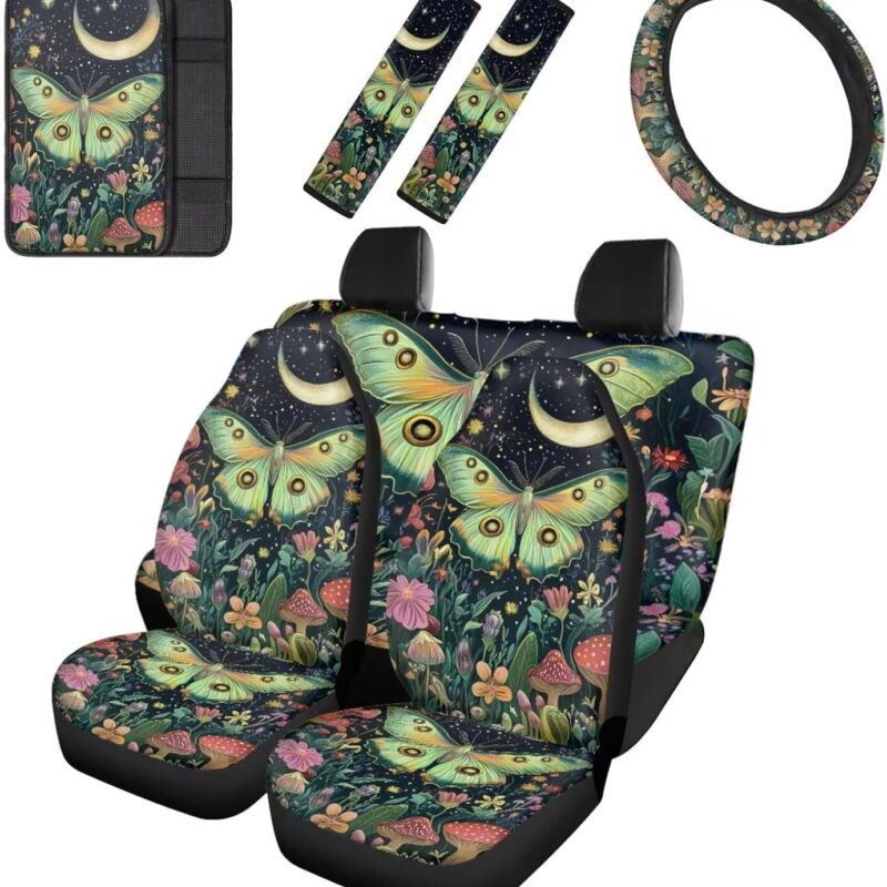 Cozeyat Moon Mushroom Moth Car Seat Cover Full Set Steering Wheel Cover with Seatbelt Pads Armrest Cover, Full Set Car Accessories Set for Men,8 Pcs Car Accessories