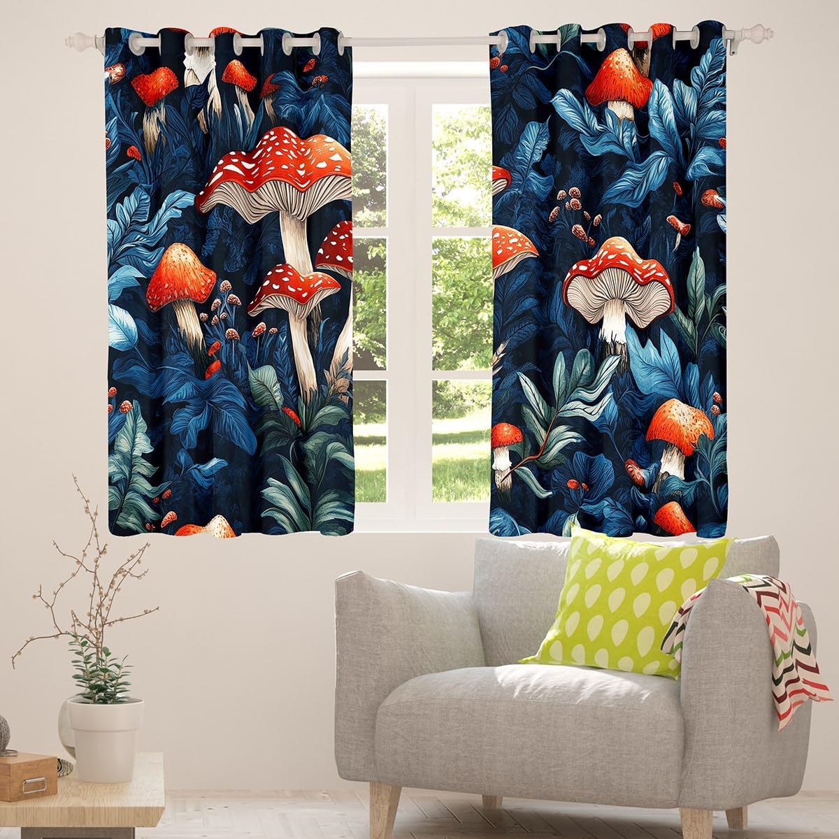 714hcSffXBL._AC_SL1200_.jpg Erosebridal Mushroom Window Treatments for Kids Boys Girls Teen,Boho Fungus Botanical Curtain 52" Wx84 L,Red Watercolor Mushroom Plants Window Curtain Jungle Wild Plant Leaves Curtains & Drapes - Image 2