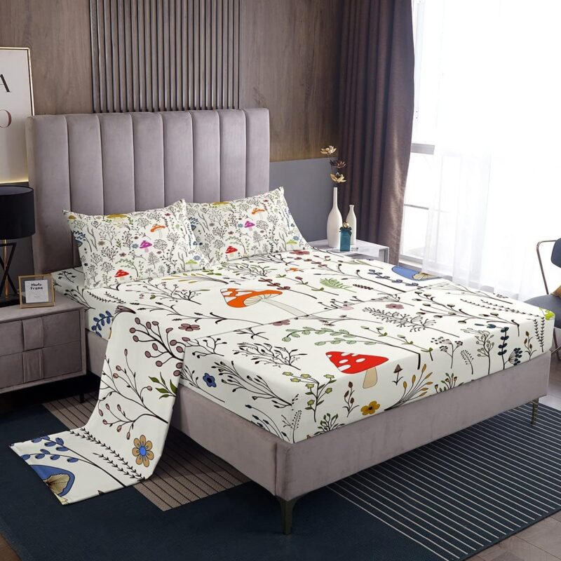 jejeloiu Cute Mushroom Decor Bed Sheets Set Queen Size Cartoon Mushrooms Sheet Set Kawaii Fungus Sheets with Deep Pocket Fitted Sheet Wild Mushroom Stuff White Red Bedding Set Bedroom