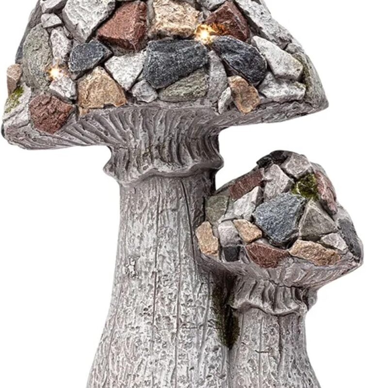 Mosaic Rock Woodland Mushrooms 15.75 x 10 inches Grey Resin Stone Collectible Figurine Statue Sculpture with Solar Light, Indoor Outdoor Garden Décor, 14765, Gray