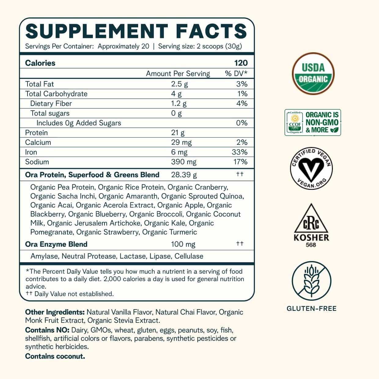 716jEwEIiyL._AC_SL1240_.jpg Ora Organic Vegan Protein Powder - 21g Plant Based Protein Powder for Women and Men | Clean Protein Source, Keto Friendly, Gluten Free, Paleo, Dairy-Free, Gluten-Free, Soy-Free (Vanilla Chai) - Image 5