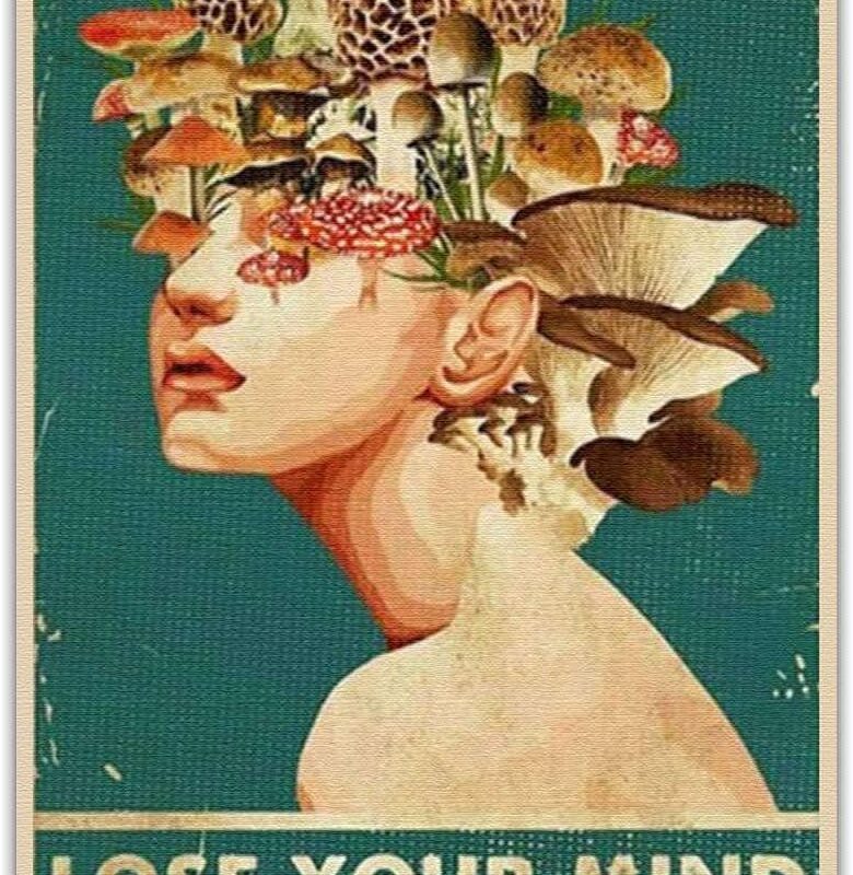 TRITXIY Mushroom Pot Head Girl Lose Your Mind Find Your Soul, Girl Flowers, Succulent Plant, Mushroom Girl Gardener Vertical Poster, Wall Art,Painting 16x24inch(40x60cm) Wooden Framed