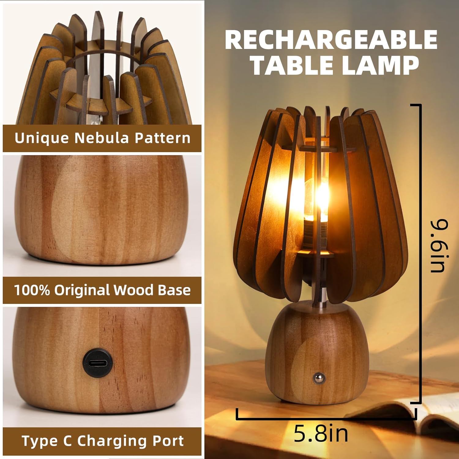 717CjPNP7vL._AC_SL1500_.jpg Rechargeable Table Lamp Cordless, Wooden Battery Operated Lamp with Touch Dimmer Switch - 1800mAh Mushroom Table Lamp Wireless, Table Lamp for Bedroom/Livingroom/Bathroom/Kitchen/Corner/Entryway - Image 3