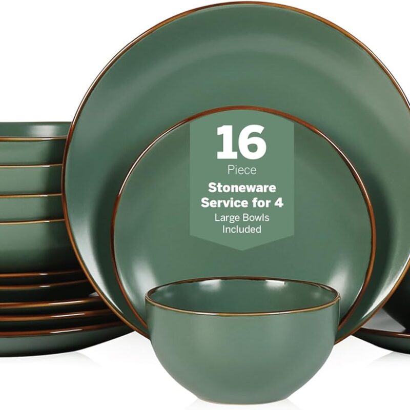 Stone Lain Brasa Modern Stoneware 16 Piece Dinnerware Sets, Plates and Bowls Sets, Dish Set for 4, Green