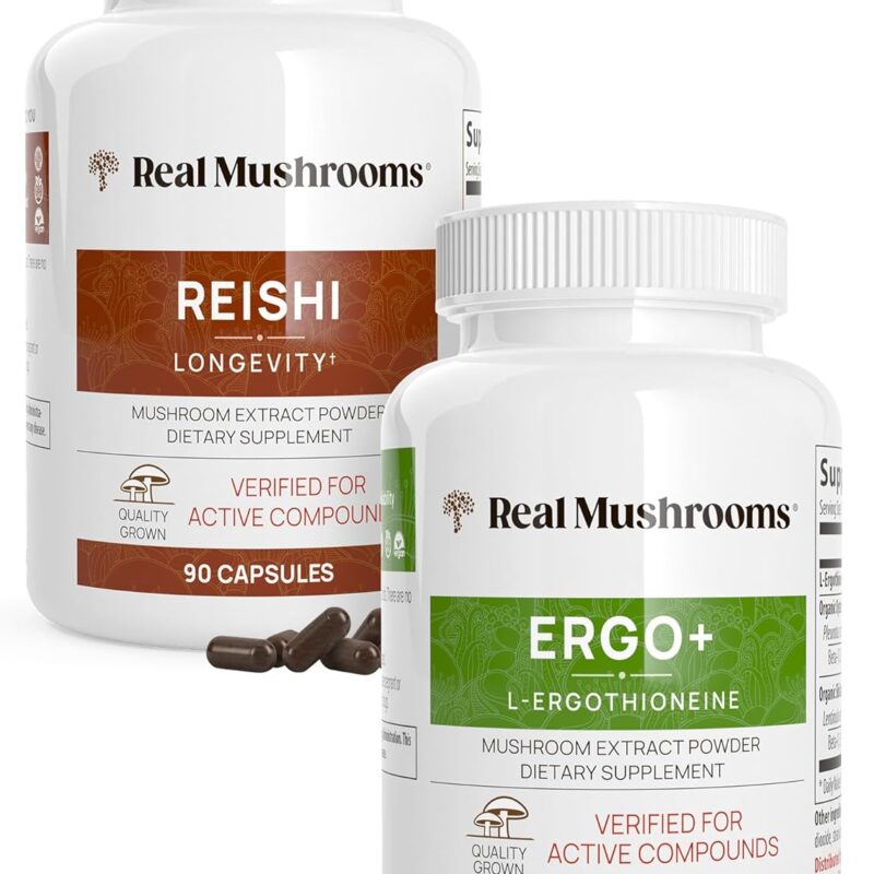 Real Mushrooms Ergothioneine (60ct) and Reishi 415 (90ct) Bundle with Shiitake and Oyster Mushroom Extracts - Longevity and Relaxation -Vegan, Gluten Free, Non-GMO - Natural Support for Healthy Aging