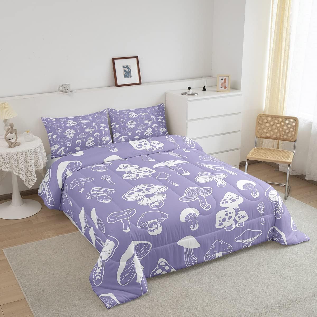 717ud2g2b7L._AC_SL1200_.jpg Mushroom Comforter Set Full Size,Purple and White Bedding Set for Girls Women Adult Bedroom Decoration,Kids Cute Cartoon Plants Bed Duvet Insert,Purple Mushroom Comforter with 2 Pillowcase - Image 3