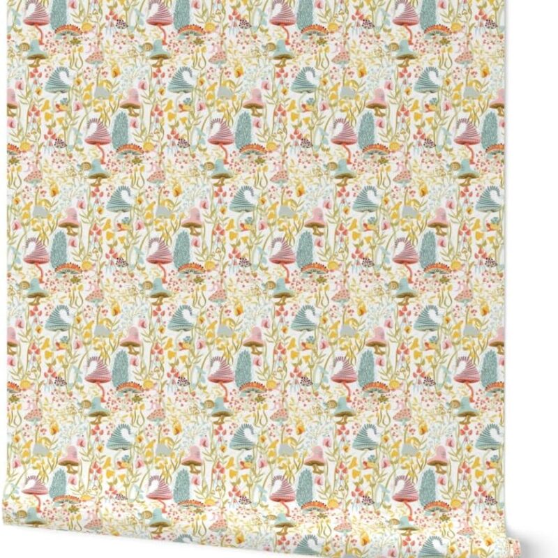Peel & Stick Wallpaper 6ft x 2ft - Summer Mushrooms Fantasy Pastels Novelty Cottagecore Custom Removable Wallpaper by Spoonflower