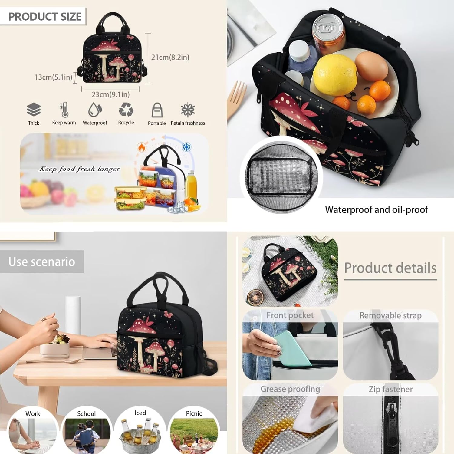 718taq7SbrL._AC_SL1500_.jpg doginthehole Aesthetic Mushroom Backpack for School Cute for Girls Large Capacity Girls School Bag with Lunch Bag 4-in-1 17inch Girls Bookbag Set Age 10-12 for Elementary Middle School - Image 5