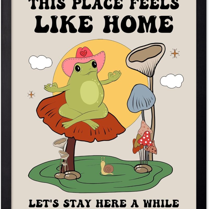Poster Master This Place Feels Like Home Poster - Retro Frog on Mushroom Print - Positive Quote Art - Mushroom Art - Preppy Art - Trendy Art - Funny Dorm or Living Room Decor, 16x20 Black Framed