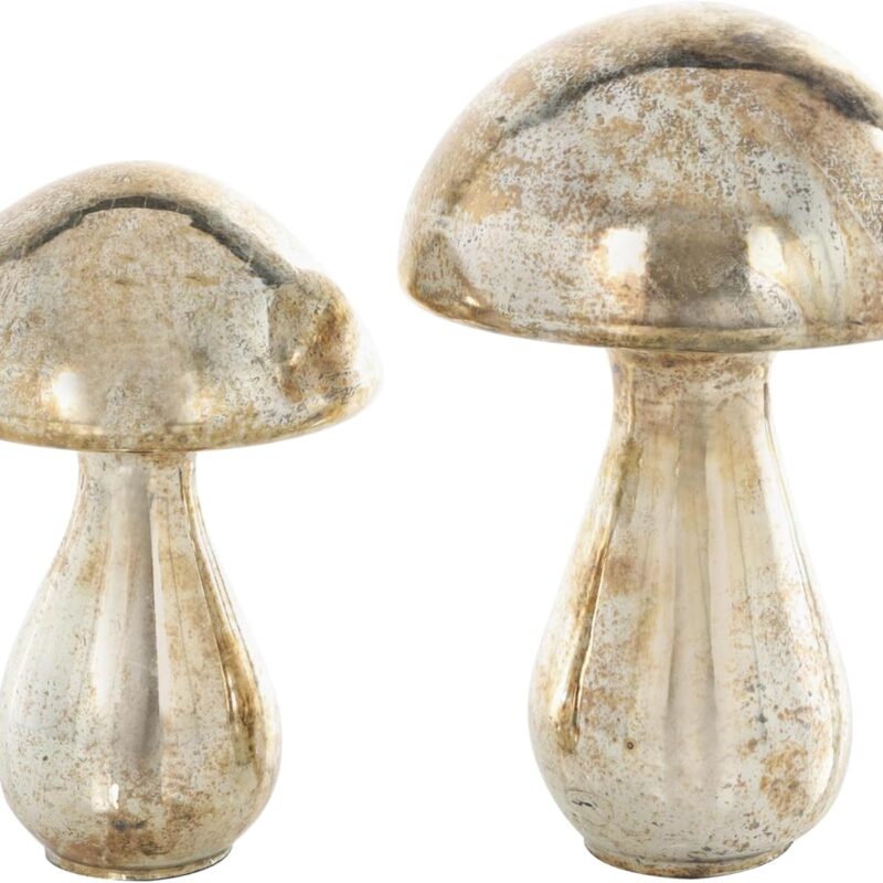 The Novogratz Glass Mushroom Handmade Decorative Sculpture Glossy Weathered Home Decor Statues, Set of 2 Accent Figurines 12", 10"H, Champagne
