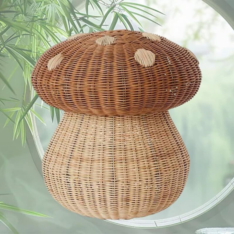 Baby Toys Mushroom Rattan Storage Basket with Lid Decorative Bin Home Decor Hand Woven Organizer Cute Handmade Handcrafted Gift Art Decoration Artwork Wicker for Bathroom Bedroom Living Room
