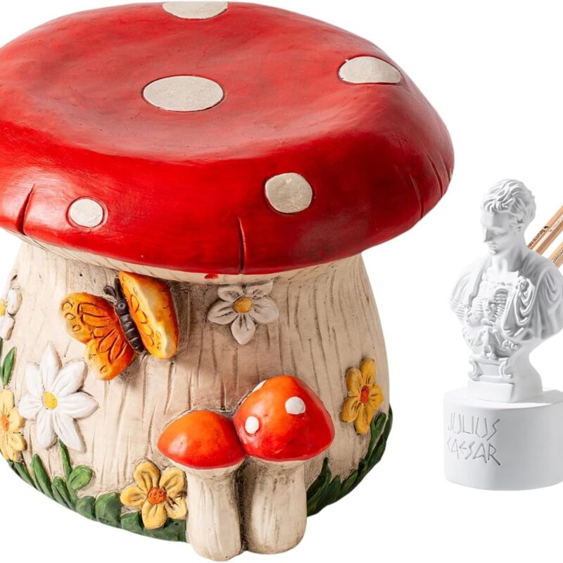 Julius Caesar Pencil Holder, Mushroom House Statue Outdoor Statues Garden Resin Stool Over-Sized Sculpture Forest Pedestal Spring Decor for Home Courtyard Lawn Patio Summer Ornament Indoor Stool