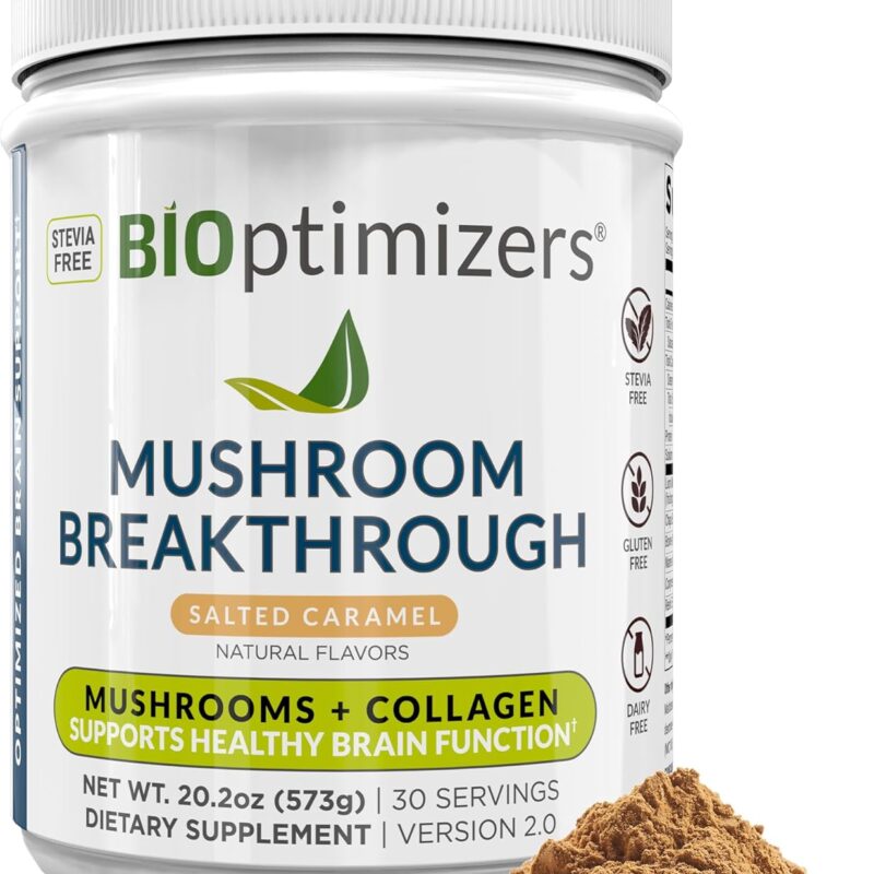 BiOptimizers Mushroom Coffee Alternative – Salted Caramel Drink – Lion’s Mane, Chaga, Reishi + Collagen Peptides for Focus, Energy & Gut Health – Adaptogenic Mushrooms & MCT Powder – 30 Servings