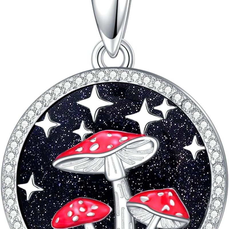 OHAYOO Mushroom Necklace 925 Sterling Silver Full Round Moon Star Mushroom Blue Sanstone Necklace Mushroom Jewelry Mushroom Gift for Female Mushroom Lovers