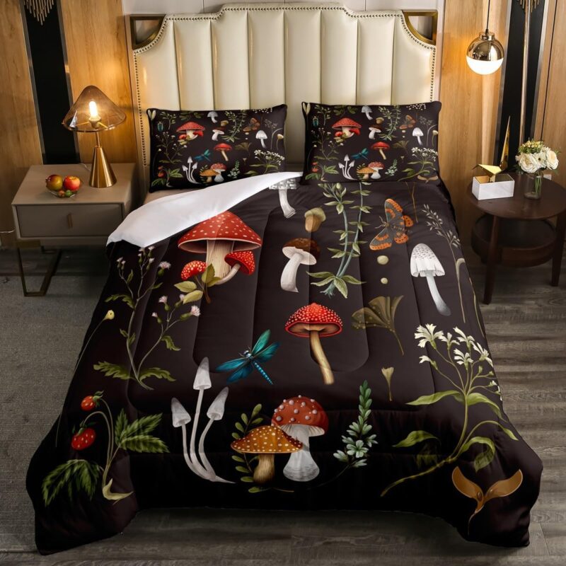 Erosebridal Mushroom Comforter Set Botanical Wild Plant Bedding Set Wild Fungus Flowers Moth Comforter for Boys Girls, Hand Drawing Moth Snail Leaves Duvet Insert Full Size with 2 Pillowcases