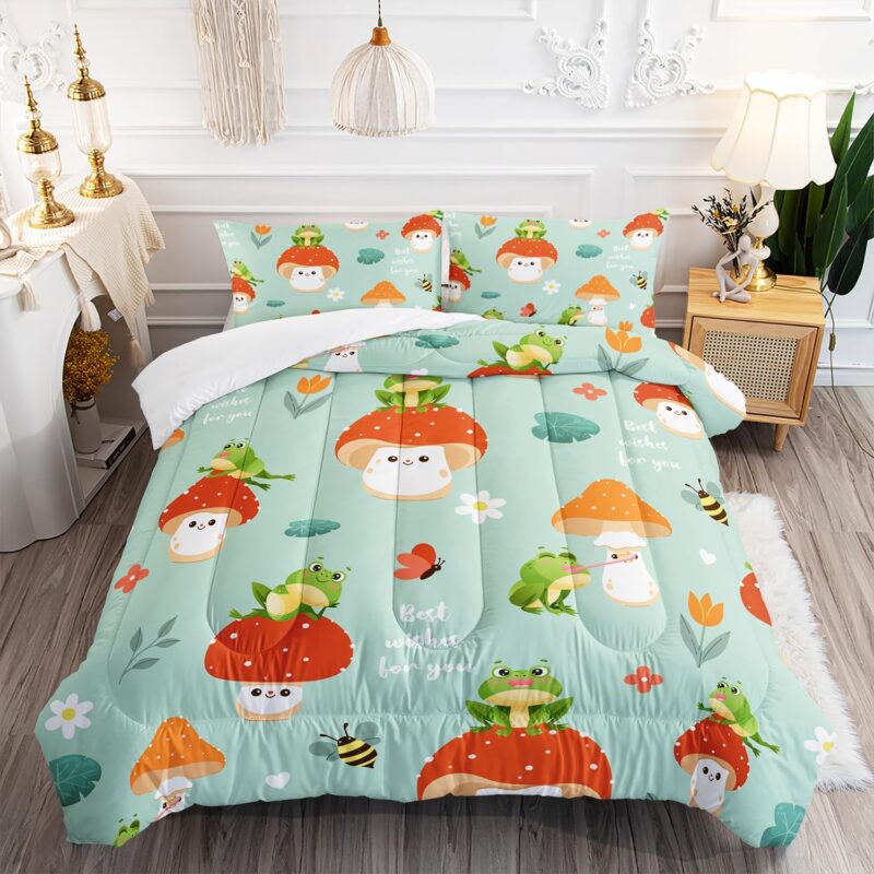 Kid Cartoon Mushroom Comforter 3Pcs Twin Kawaii Wild Mushroom Butterfly Frog Bee Bedding Set for Teen Boy Girl Adult Botanical Plant Flower Quilt Bed Decor with 1 Comforter and 2 Pillowcases