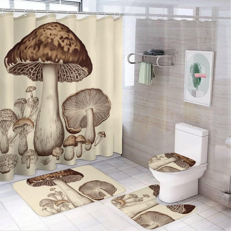 Vintage Mushrooms Drawing 4 Piece Bathroom Shower Curtain Sets, Including Shower Curtain Sets with 12 Hooks, Non-Slip Bathroom Rugs, U Shaped Toilet Rug and Toilet Lid Mat