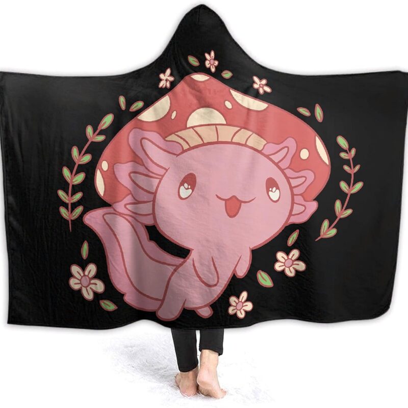 Axolotl and Mushroom Hooded Blanket Soft and Lightweight Flannel Throw Suitable for Use in Bed, Living Room and Travel 80"x60" for Audlt