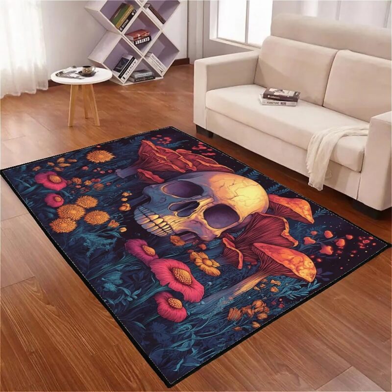 Mushroom Rug 5x7ft Gothic Style Skull Flower Print Machine Washable Rug for Dorm Gaming Room Teen Bedroom Decor