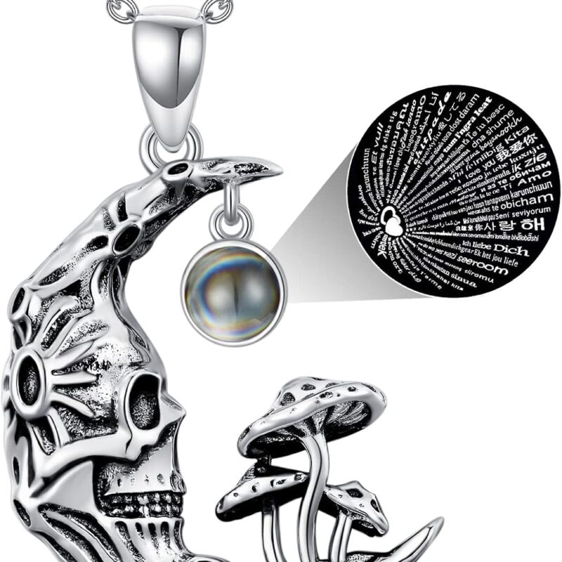 Skull Pendant Necklace 925 Sterling Silver with Birthstones/Synthetic Moonstone/100 Languages Stone Gothic Jewelry Halloween Gifts for Women Wife Mom