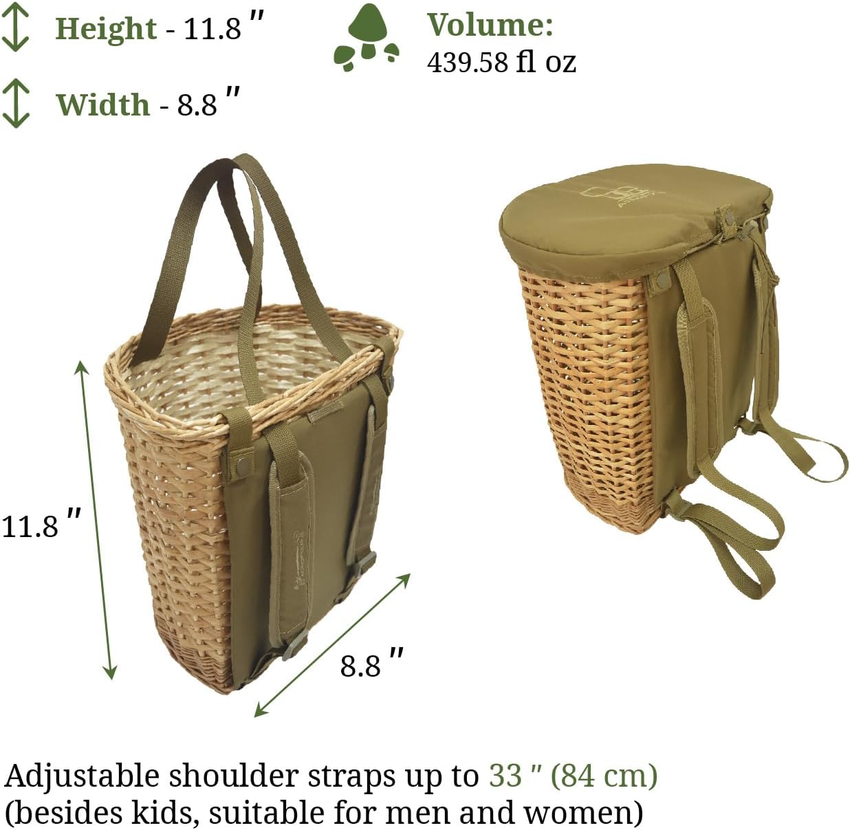 71DZw6ToqsL._AC_SL1500_.jpg Acropolis Wicker Forage Basket Backpack - Basket for Mushroom Picking - Mushrooms Foraging Bag with Straps for Forager, Belt Forage Basket Pouch for Hiking, Camping, mini - Image 2