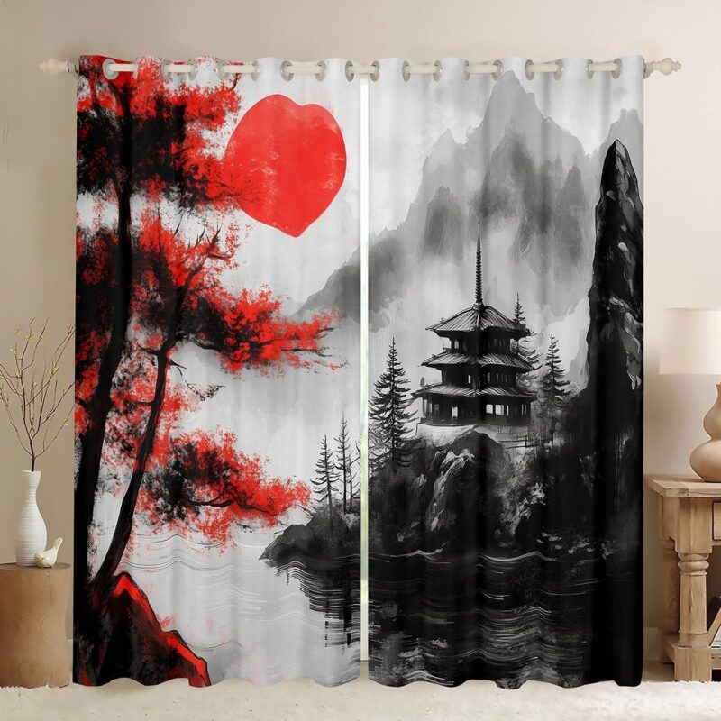 Erosebridal Cherry Blossom Blackout Curtains 30-50%,Japanese Tradition Style Curtain 52" Wx63 L for Living Room Bedroom,Retro Watercolor Window Treatments 2 Panels,Scenery Curtains Drapes