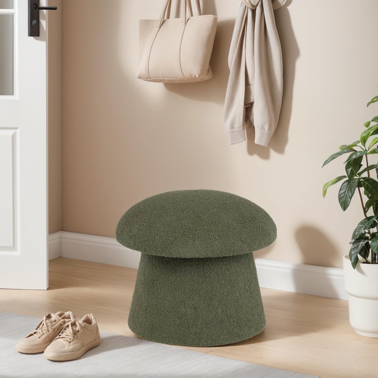 71EI2R0kEbL._AC_SL1500_.jpg Crestview Collection 15" Mushroom Ottoman with Storage, Round Foot Rest for Couch, Boucle Fabric Small Mordern Footstool for Vanity, Bedroom, Living Room,Under Desk,Dark Green - Image 7