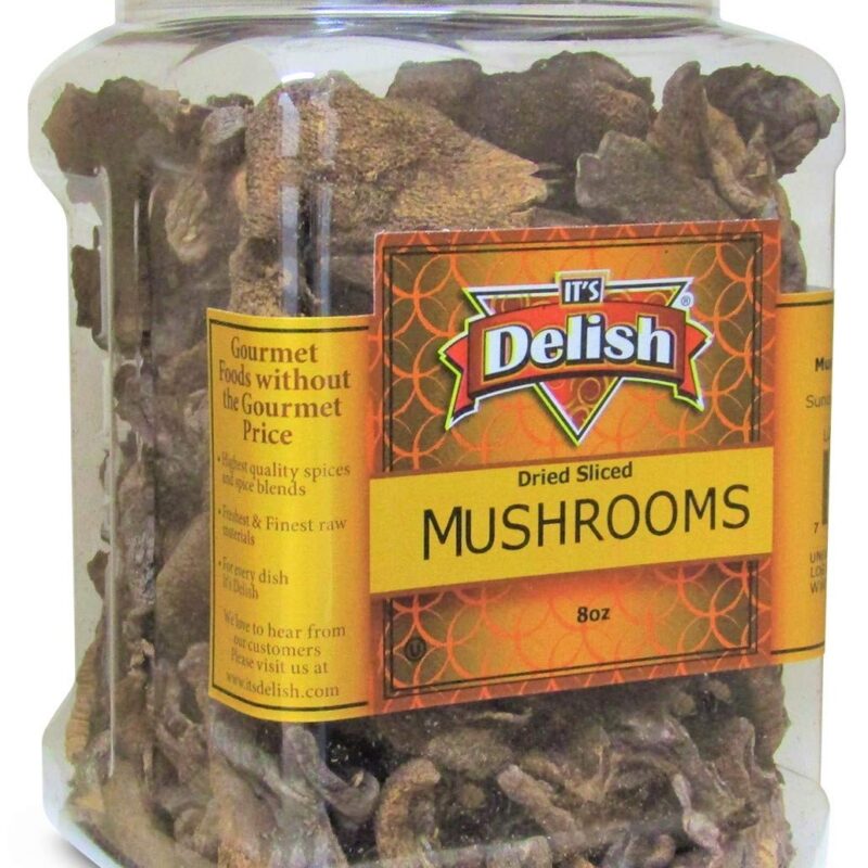 Dried Mushroom Slices (Boletus Luteus) by It's Delish, 8 OZ Jumbo Reusable Container | Chilean Sundried Dehydrated and Sliced Mushrooms for Cooking and Flavoring