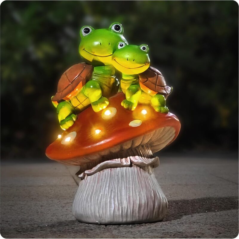 Solar Garden Turtle Figurines Outdoor Ornaments - Orange Mushroom with Sweet Frog Face Cute Turtles Decor, Resin Decorations Unique Garden Art Resin Statue Gifts for Patio Lawn Porch Yard
