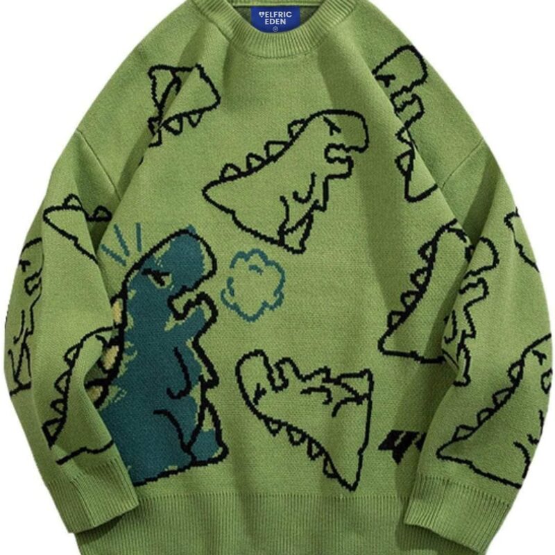 Aelfric Eden Dinosaur Cartoon Pattern Knit Sweater Oversized Graphic Sweaters Long Sleeve Casual Unisex Pullover
