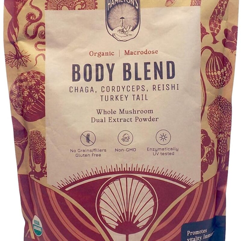 Hamilton’s Body Blend | Chaga, Cordyceps, Reishi, Turkey Tail | Organic Mushroom Extract Powder for Immune, Endurance, and Stress Support | High Potency | 30% Beta Glucans | GF, Non-GMO, Vegan (500g)